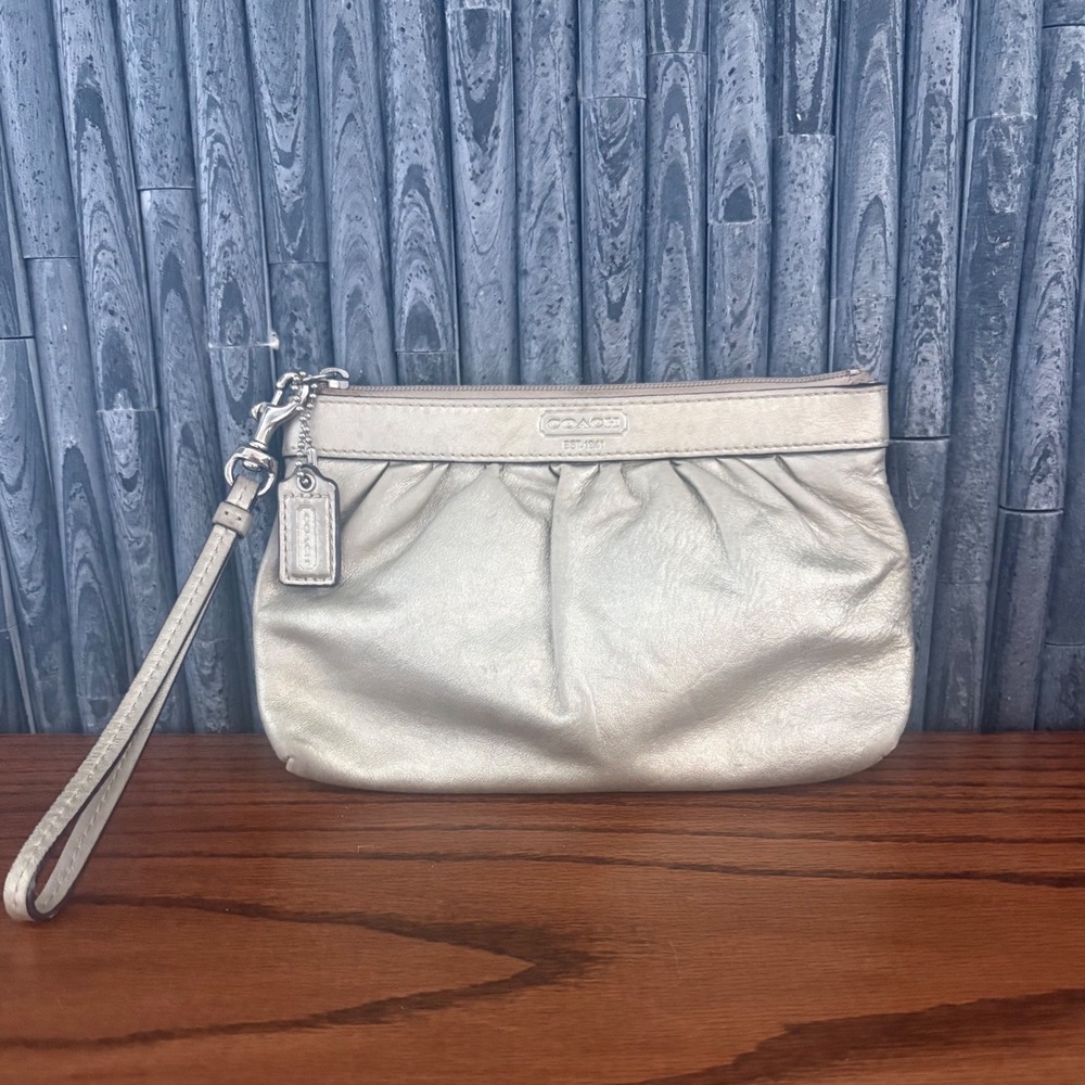 Coach Madison Metallic Champagne Leather Pleated Wristlet Bag Silver Hardware